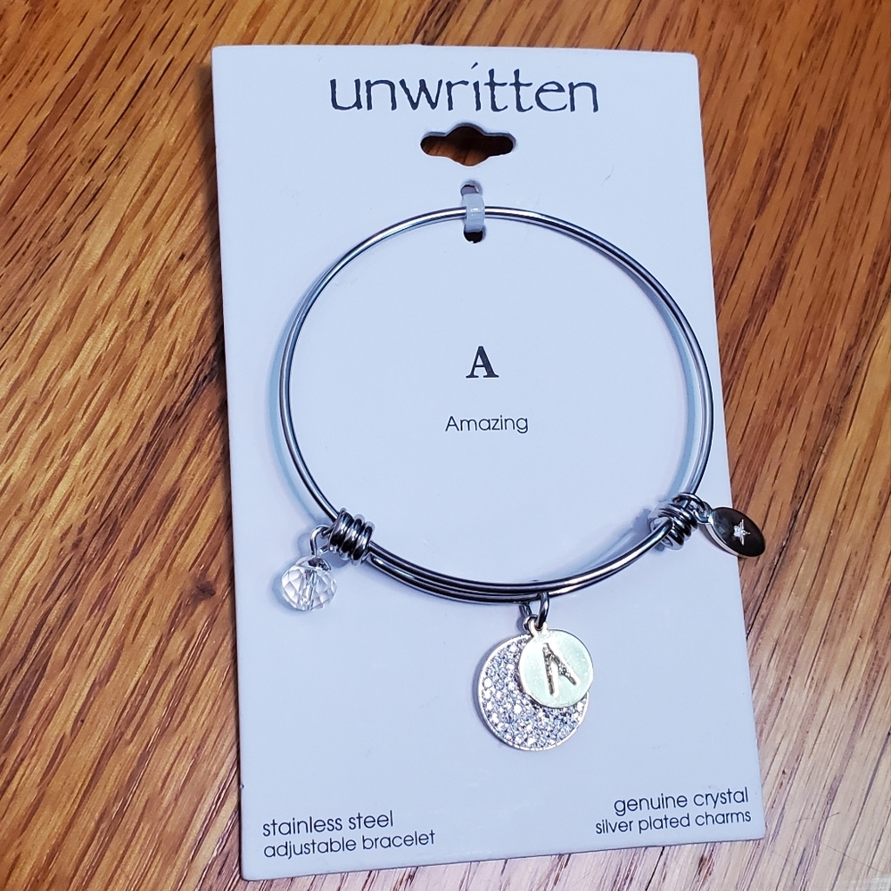 Unwritten Pave and Initial Disc Bangle Bracelet in Stainless Steel Silver Plated